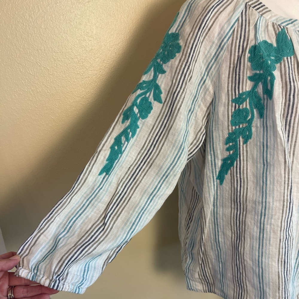 J Jill Love Linen Top L Petit Blue Stripe Embroidery Peasant Blouse Coastal Boho - Picture 8 of 14
